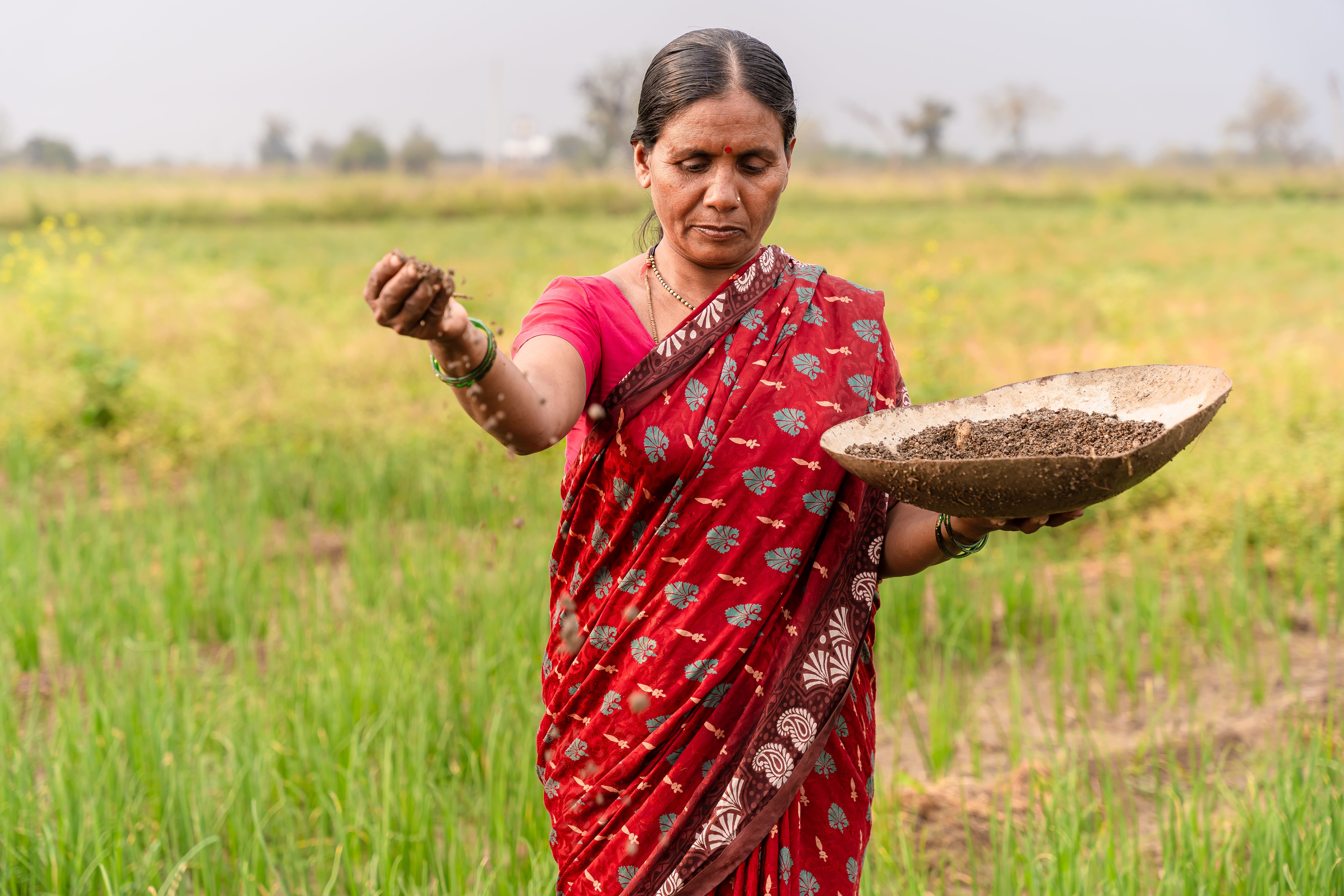 Woman farmer sowing seeds in a field