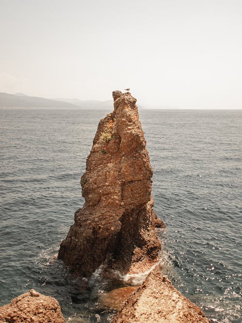 A rock formation in the ocean with a bird on top