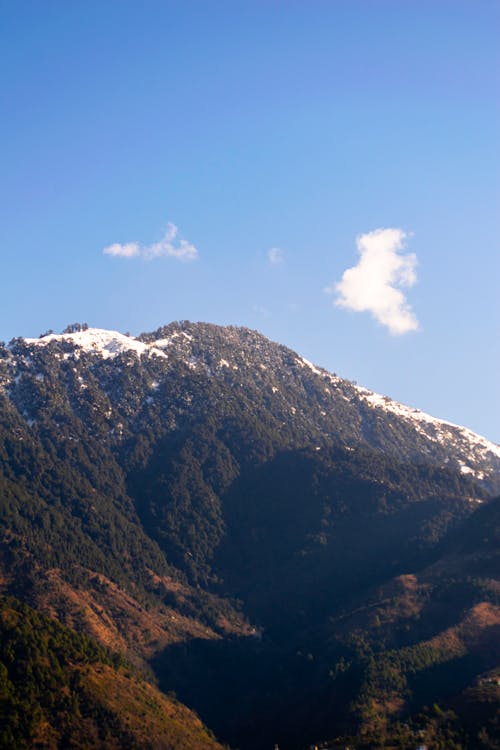 A mountain with snow on it and a blue sky