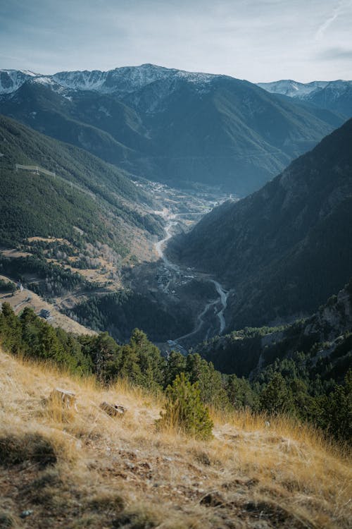 A view of a valley with mountains in the background