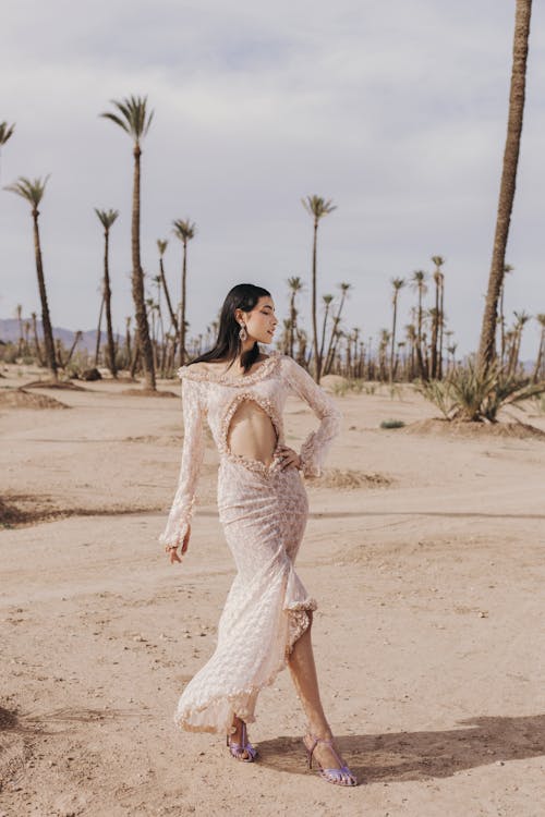 Free A woman in a long dress standing in the desert Stock Photo