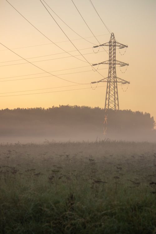 Free A scenic view of power lines over a foggy countryside at dawn, radiating tranquility. Stock Photo
