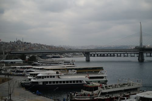 A view of a harbor with many boats docked