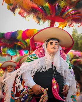 A colorful traditional Mexican festival parade with elaborate costumes and sombreros.