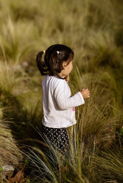 Girl with Braids Standing on Grassland