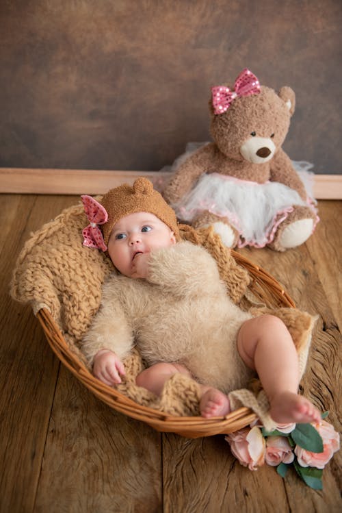 A baby girl in a basket with a teddy bear