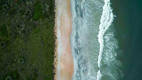 Free A stunning aerial view of the shoreline at St. Augustine Beach with sand, waves, and vegetation. Stock Photo