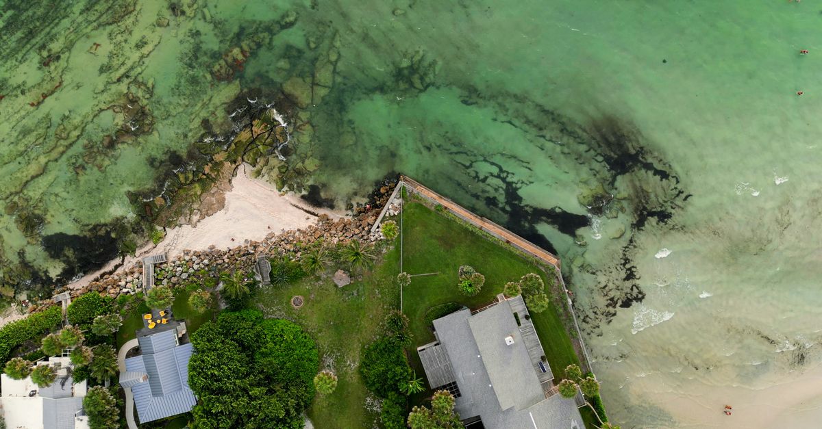 Aerial view of a coastal mansion with lush garden, turquoise water, and rocky shoreline.