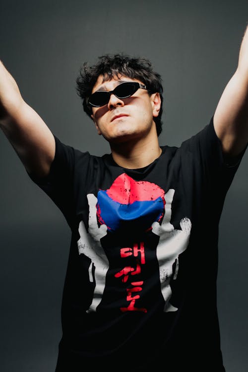 A man in sunglasses and a t - shirt with the korean flag