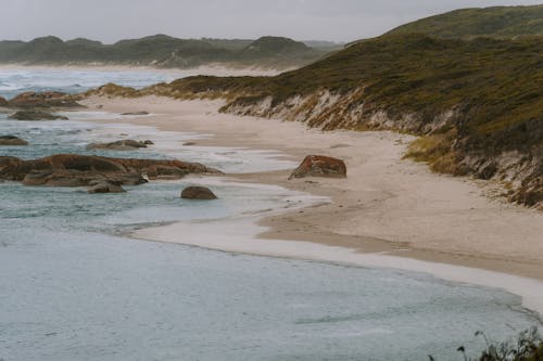 A beach with a rocky shore and a body of water