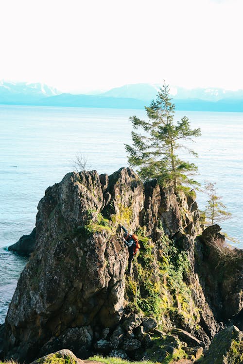 A person standing on top of a rock near the ocean