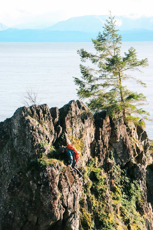 A person is climbing up a cliff near the ocean