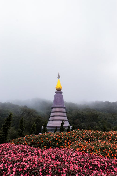 A pagoda in the middle of a field with flowers