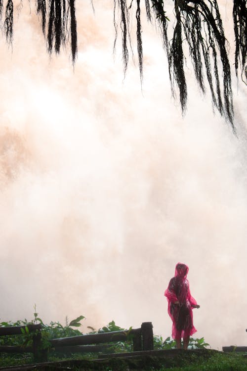A person in a pink raincoat standing in front of a waterfall