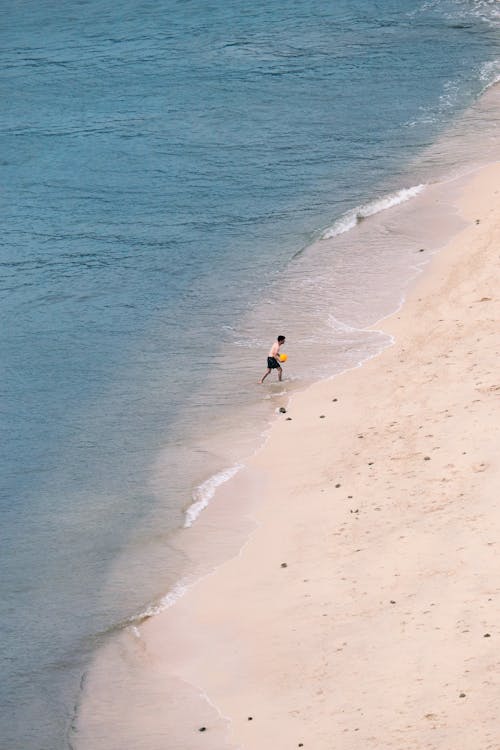 A person walking on the beach near the ocean