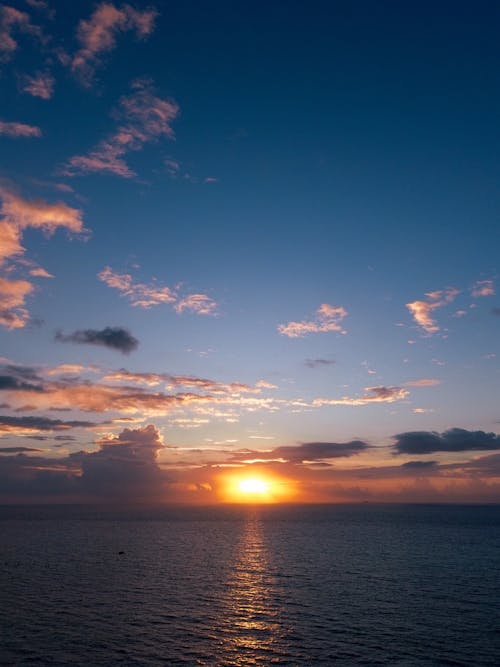 A sunset over the ocean with clouds and water