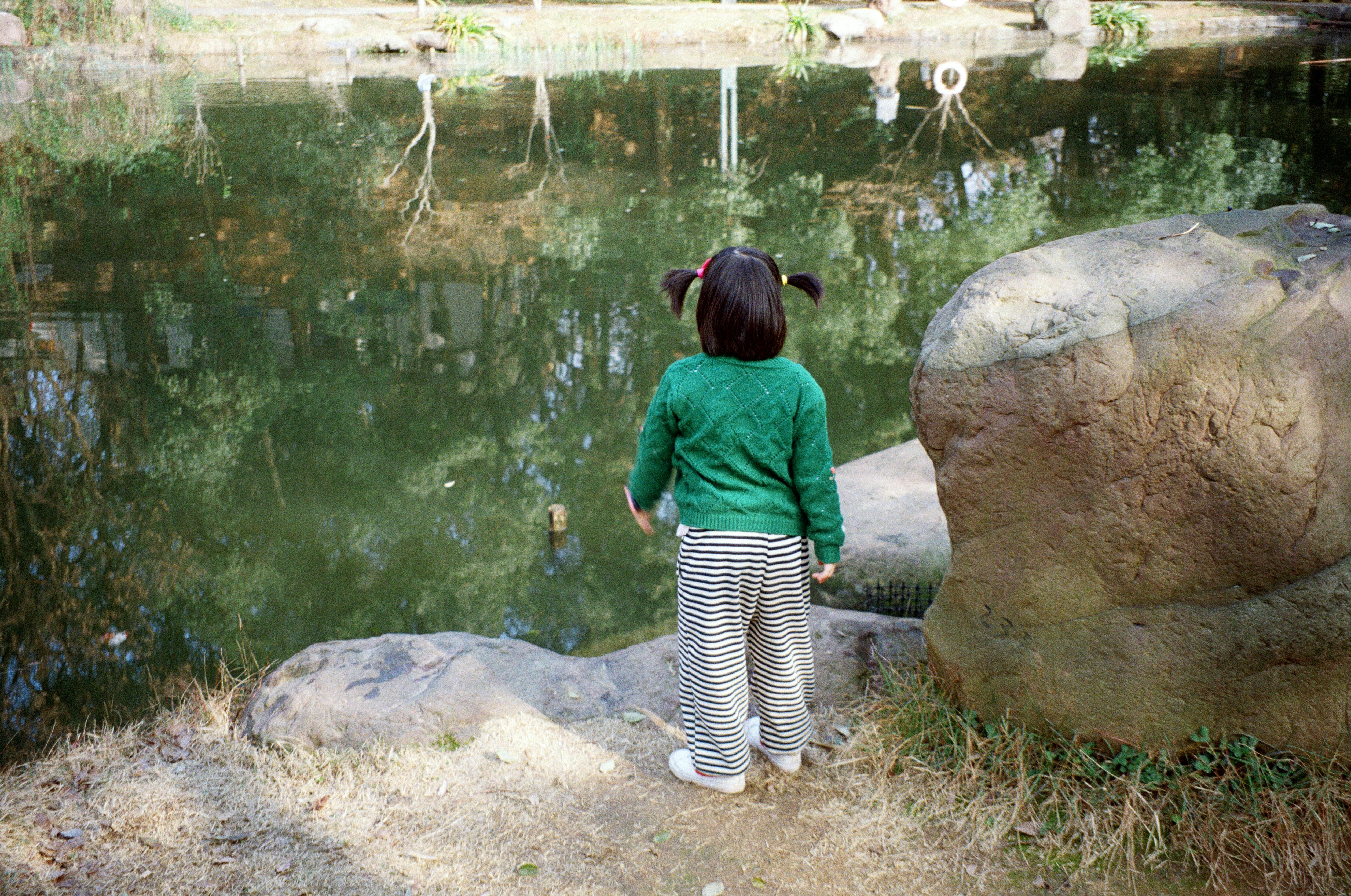 A young girl in a green sweater stands by a pond, observing reflections and nature.