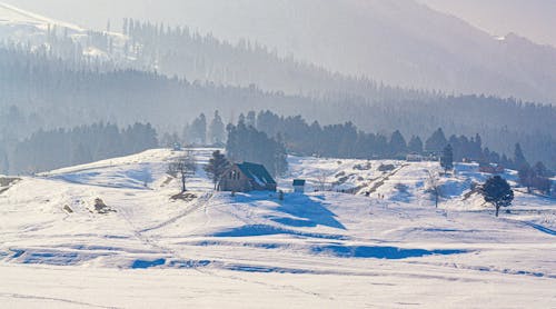 A snowy landscape with a small house in the middle