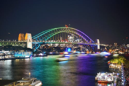 The sydney harbour bridge is lit up in rainbow colors