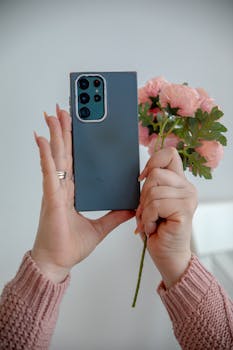 An adult woman holding a smartphone and pink flowers, showcasing delicate details in a cozy indoor setting.