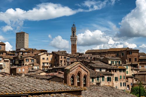 Free Explore the captivating skyline of Siena, Italy, with iconic Torre del Mangia and medieval architecture. Stock Photo