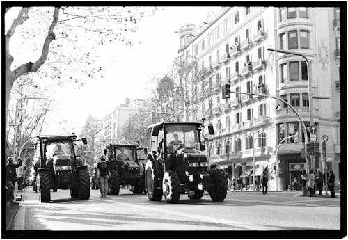 Black and white photo of tractors on the street