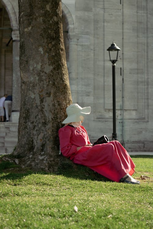 A woman in a pink dress sits under a tree