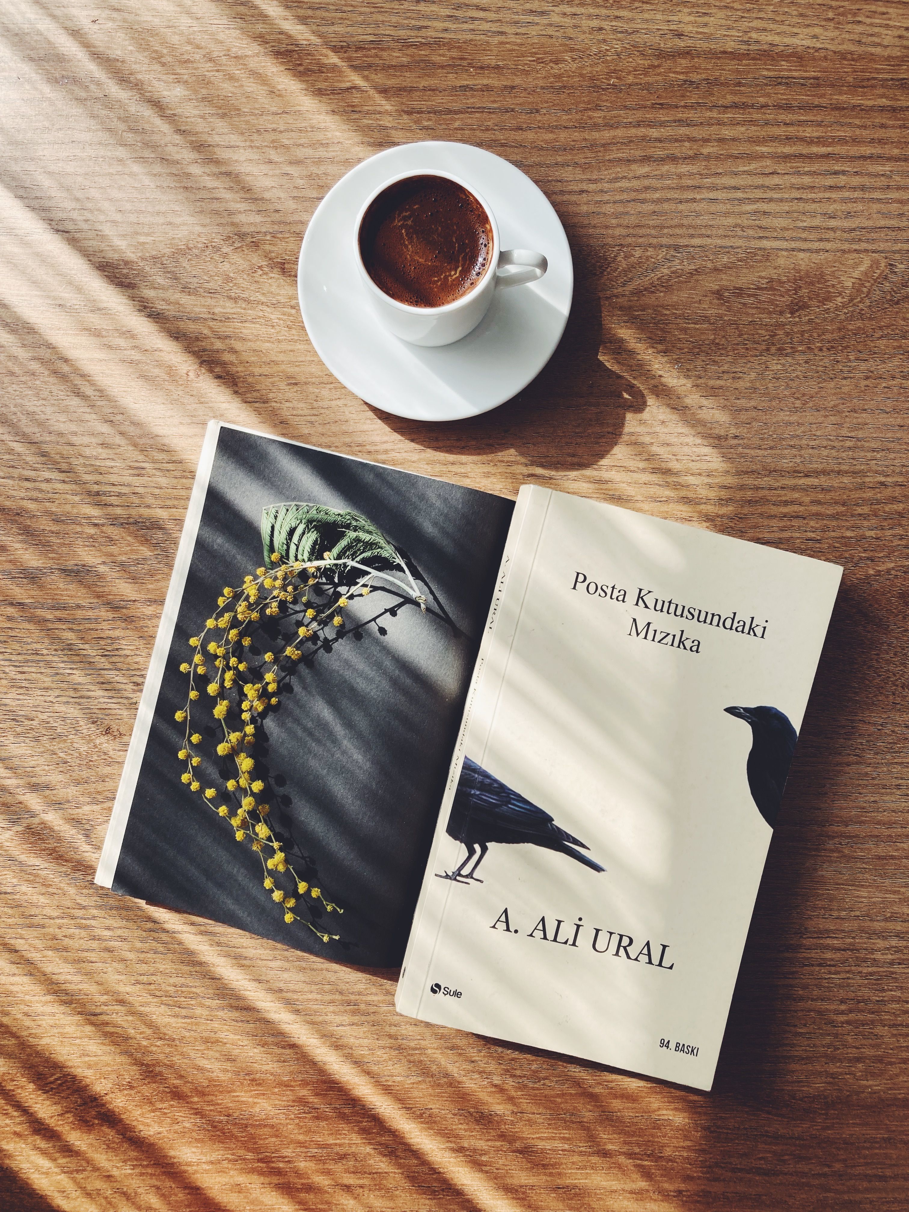 An open book with a cup of espresso on a sunlit wooden table.