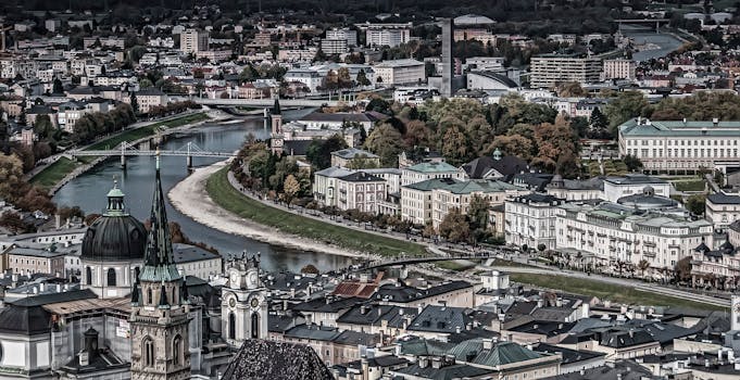 令人惊叹的萨尔茨堡历史建筑与风景优美的河流景观鸟瞰图