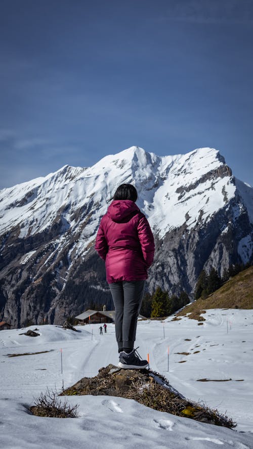 A woman in a pink jacket stands on top of a snowy mountain