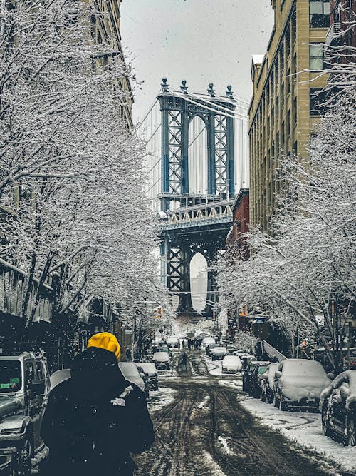 A person walking down a snowy street with the manhattan bridge in the background