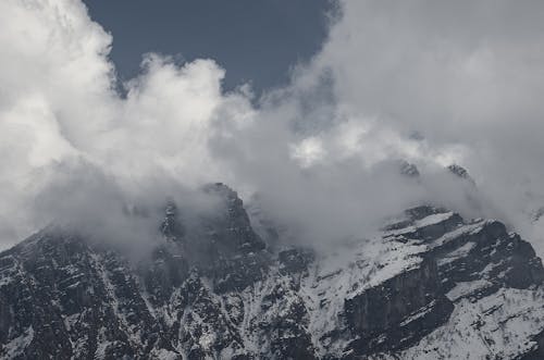 A snow covered mountain with clouds in the sky