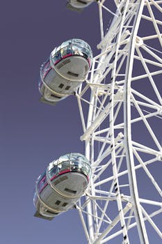 Detailed shot of modern Ferris wheel capsules against a clear sky