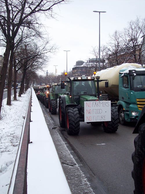 Tractors in Manifestation on Street in Winter