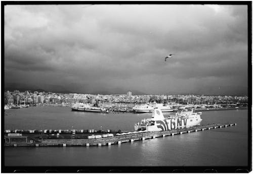 Black and white photo of a ferry docked in the water