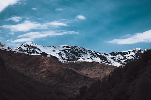 A mountain range with snow capped peaks and blue sky