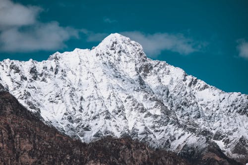 A snow covered mountain with a blue sky