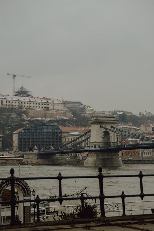 A man is standing on a bridge looking at the city