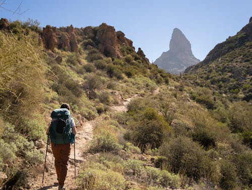 A hiker on a trail in the desert