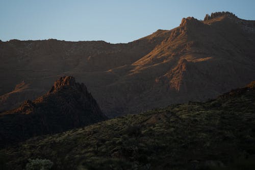 A mountain range with a sunset in the background