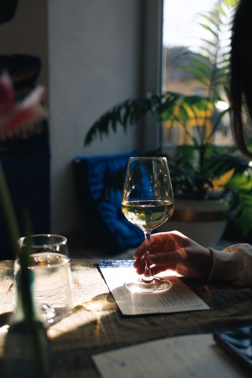 Free A woman's hand gracefully holds a glass of white wine in a sunlit room, casting a gentle shadow. Stock Photo