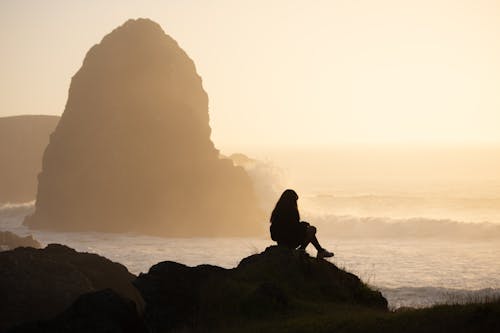 A person sitting on a rock at the ocean
