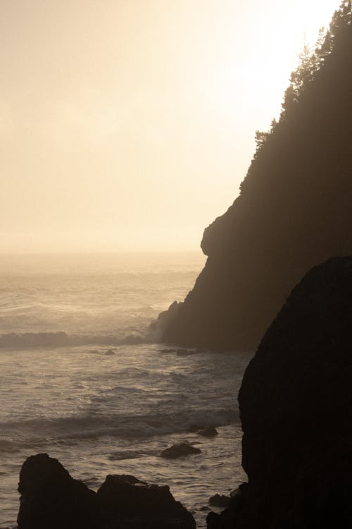 A person standing on the rocks at the ocean