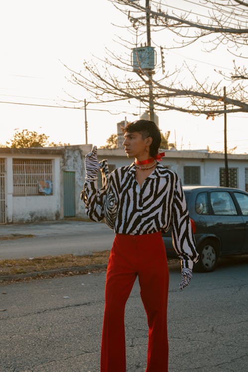 A woman in a zebra print shirt and red pants