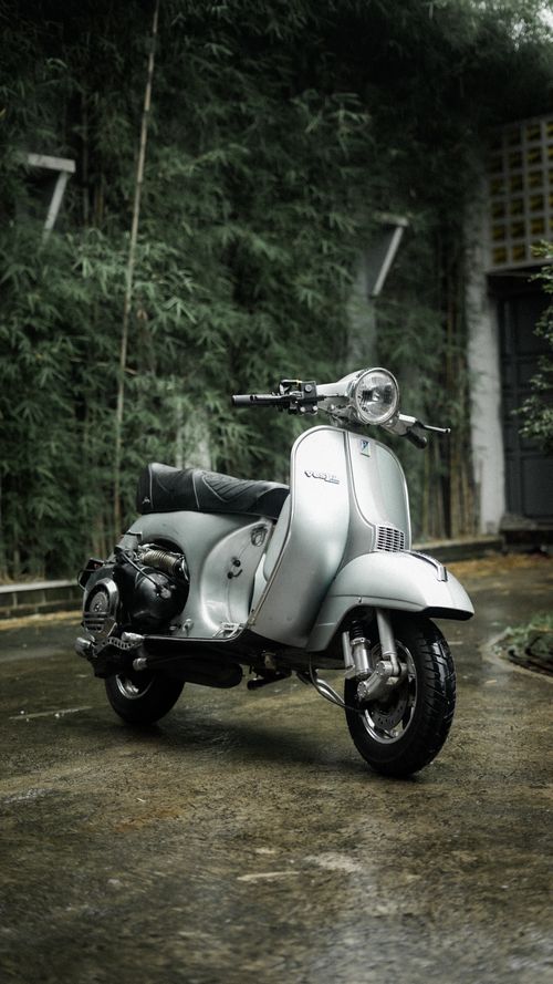 Free A vintage silver motor scooter parked on a wet city street against a leafy background. Stock Photo