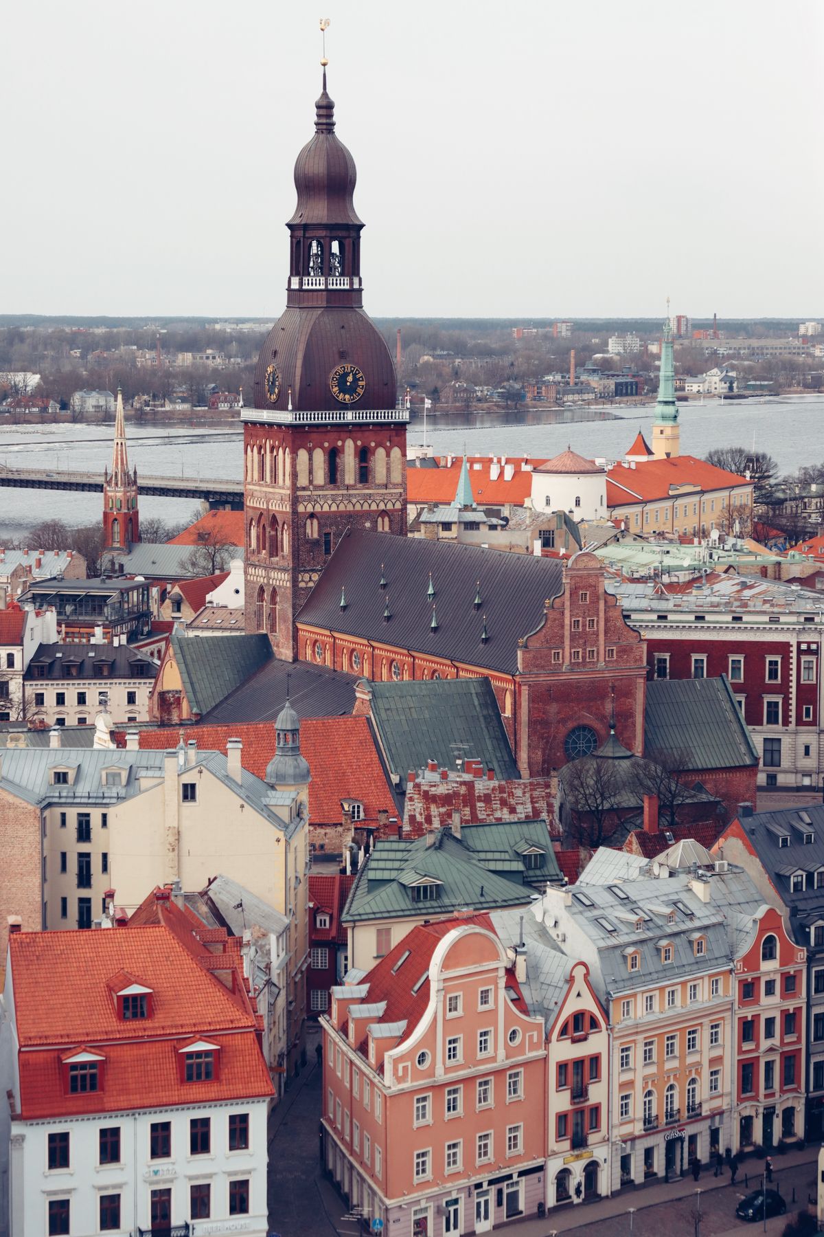 Aerial view of Riga Cathedral among historic buildings in the Old Town, Riga, Latvia