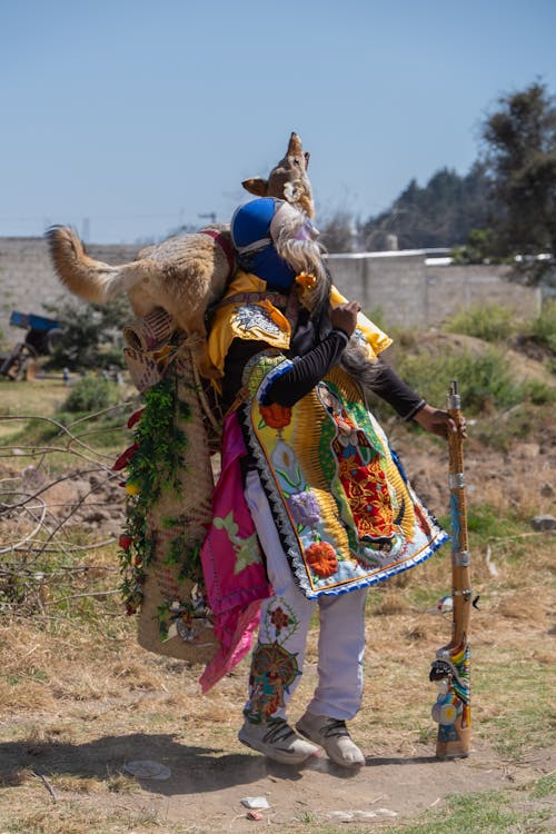 A man dressed in a costume with a large animal