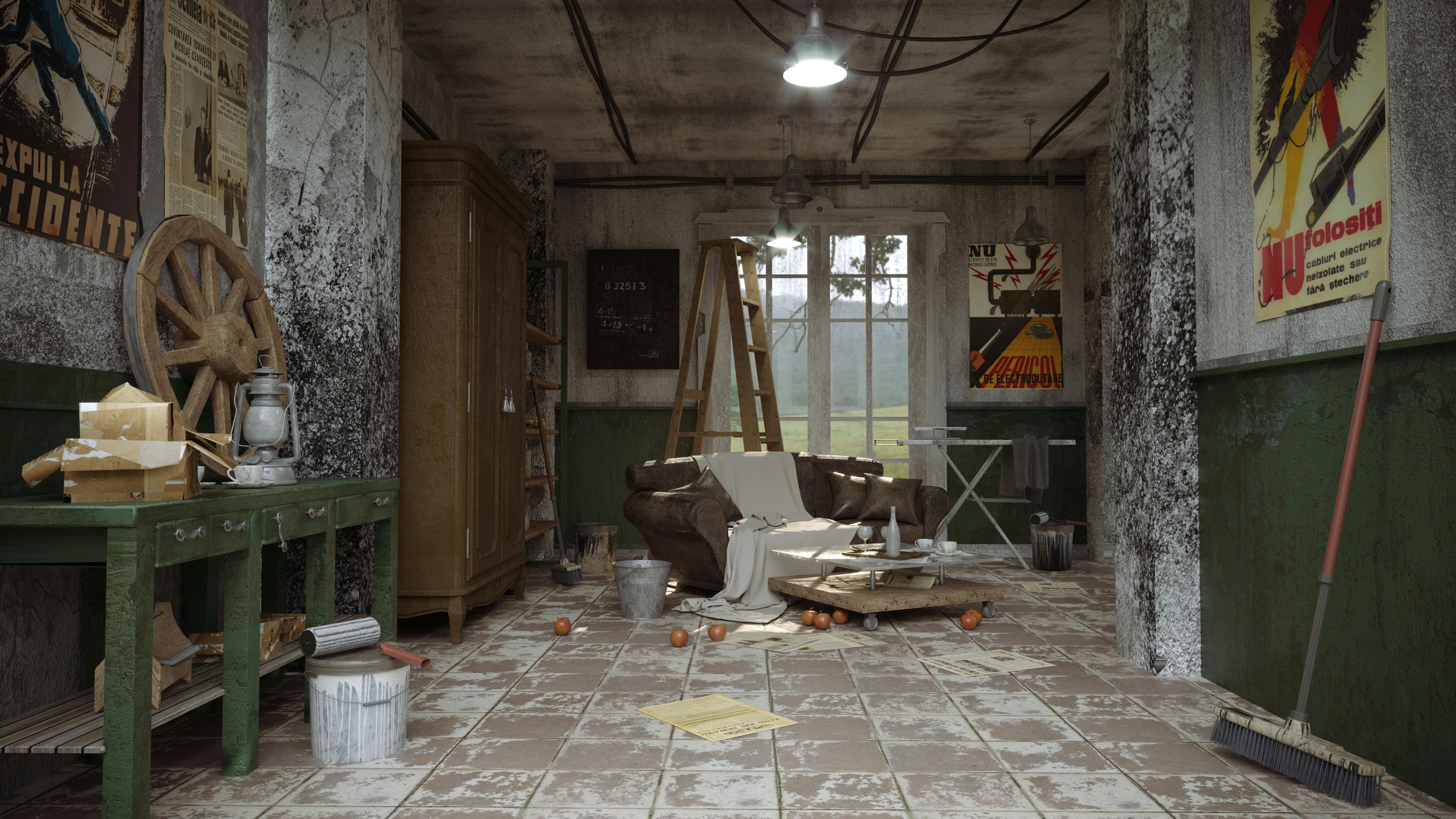 bezplatná Přeplněná vintage dílna se starým nábytkem a špinavými zdmi, která vytváří uměleckou a nostalgickou atmosféru. Základová fotografie