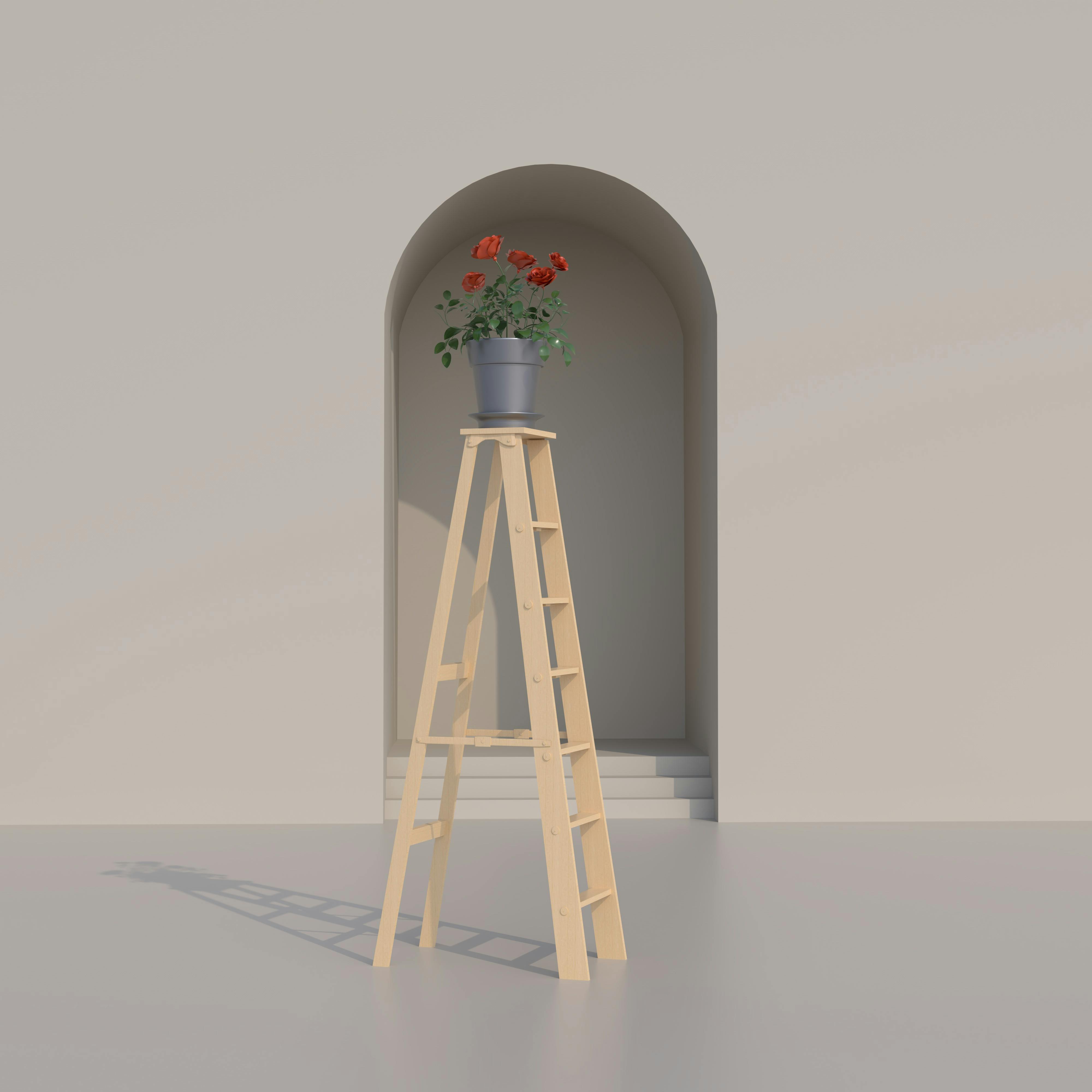 Gratuit O scenă minimalistă de interior, cu o scară de lemn și un trandafir în ghiveci, așezat pe un arc neutru. Fotografie de stoc