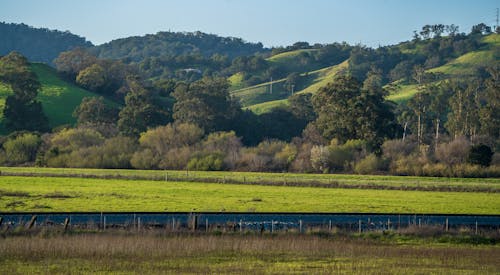 Scenic View of a Green Meadow and Hills 